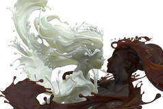 3d. 将男女拥抱在白色背景下的溅奶和巧克力咖啡雕塑