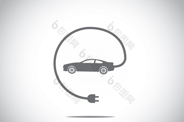 多彩的电动混合动力车与充电器插头连接的概念图标符号。黑暗彩色的车与电缆充电器插头从汽车插图艺术