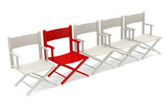 一排红色的白色椅子。机会概念，3D渲染