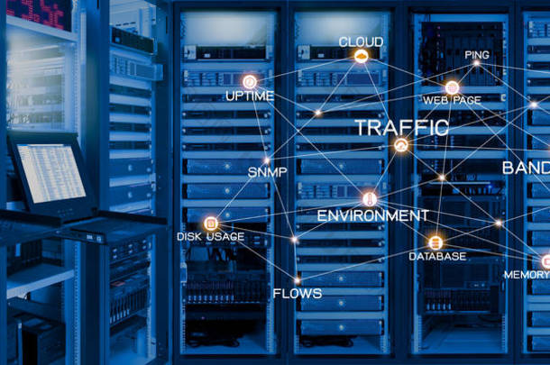 网络监控概念，数据中心房间上的连接监控服务图标