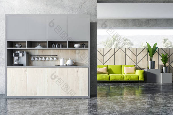 室内的工作室公寓与厨房<strong>角落</strong>, 绿色舒适的沙发与垫子。3d 渲染