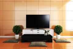 电视在现代客厅里，黄瓷砖设计五颜六色。3d 渲染
