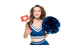 快乐啦啦队长女孩在蓝色制服举行隆重和喜欢标志孤立在白色