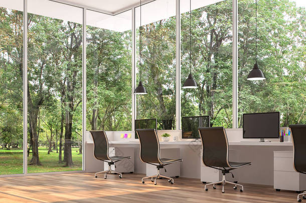 现代办公用自然景观3d 渲染, 有木地板。配备黑色和白色的家具。有大窗户看着看自然