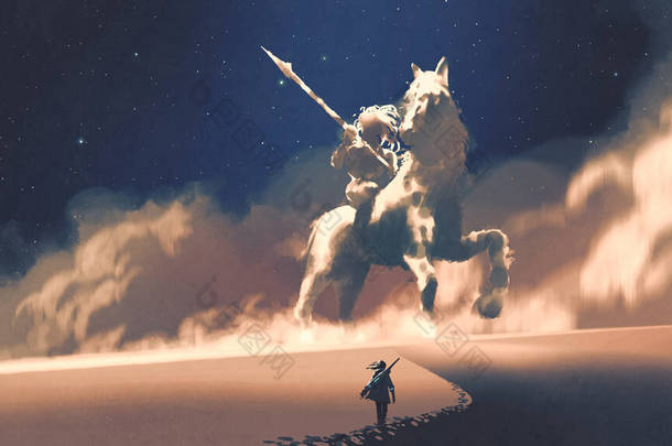 一个女人走在沙漠上，面对巨大的骑士形风暴，数码艺术风格，绘画插图