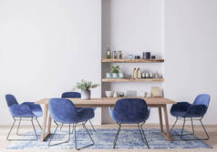 时髦的餐厅里摆满了斯堪的纳维亚风格的蓝色椅子