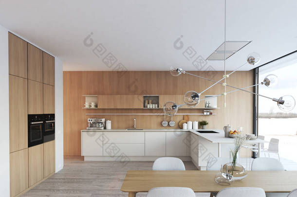 <strong>阁楼</strong>公寓里的现代北欧厨房。3D渲染