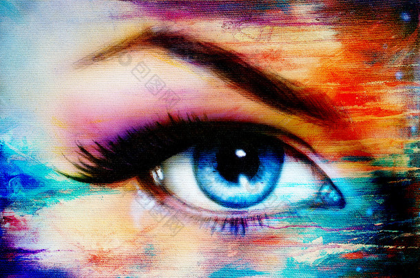 蓝色的女人眼睛紫色和粉色天化妆。彩色绘画 