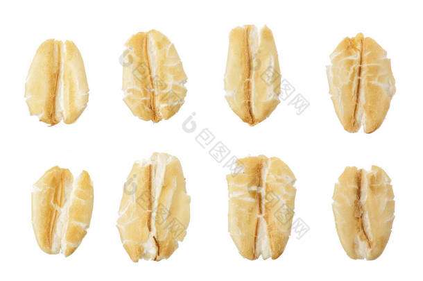 燕麦片在白色背景上被隔离。顶部视图。集合或集合