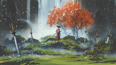 武士站在瀑布花园，手中拿着剑，数码艺术风格，画图