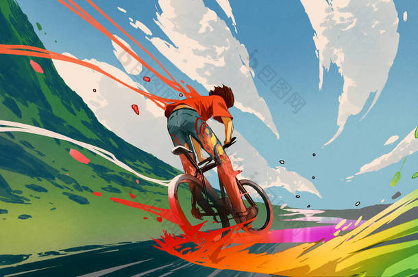 年轻人骑自行车，精力充沛，数码艺术风格，绘画插图