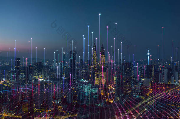<strong>智能</strong>城市和抽象网点连接与梯度线和美观波线设计、大数据连接<strong>技术</strong>概念 .