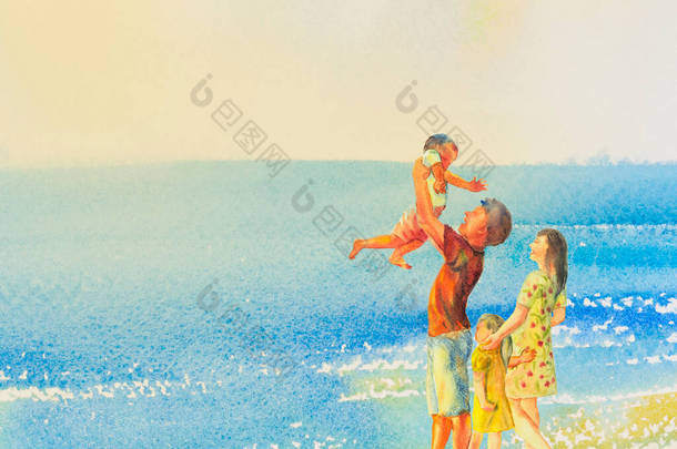 水彩画独具特色的海景画，家人在沙滩上和暑假里，在感情的<strong>天空云</strong>彩背景下快乐地旅行。<strong>手绘</strong>，插图艺术.