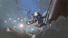 宇航员伸出手去捕捉天空中闪耀的蝴蝶，数码艺术风格，插图绘画