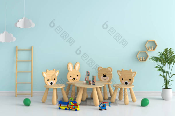 浅<strong>蓝色</strong>儿童房的桌子和椅子，用于模拟、3D <strong>渲染</strong>