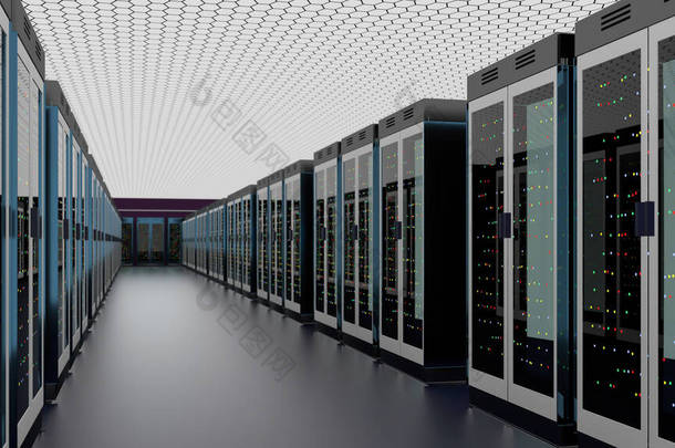 侍应生服务器室数据中心。备份,<strong>托管</strong>,主机,农场和计算机机架与存储信息.3D渲染