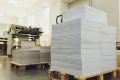 一堆堆印好的硬纸板放在木制货盘上。印刷行业.