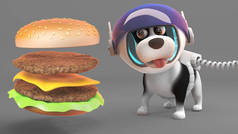 可爱的小狗在太空服看起来挂出在巨大的奶酪汉堡,3D插图