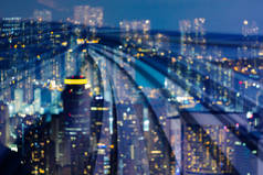 夜灯模糊散城市市区双曝光列车轨道抽象背景