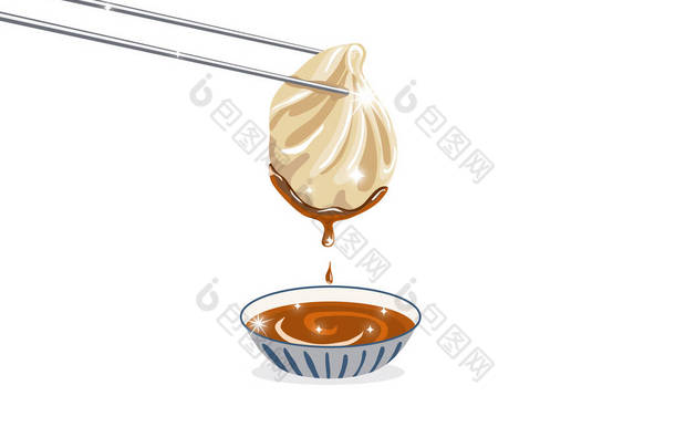 筷子上夹着一个蒸熟的饺子,然后从蘸酱中提上来.白色背景下的真实亚洲食物图解.