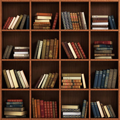 图书馆的书架上装满了书。在木架子上的书.