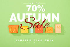绿色背景装饰彩色购物袋顶视图，秋季打折销售图为70% 