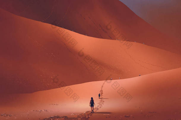 徒步旅行者爬上沙丘在红色沙漠, <strong>数字</strong>艺术<strong>样式</strong>, 例证绘画