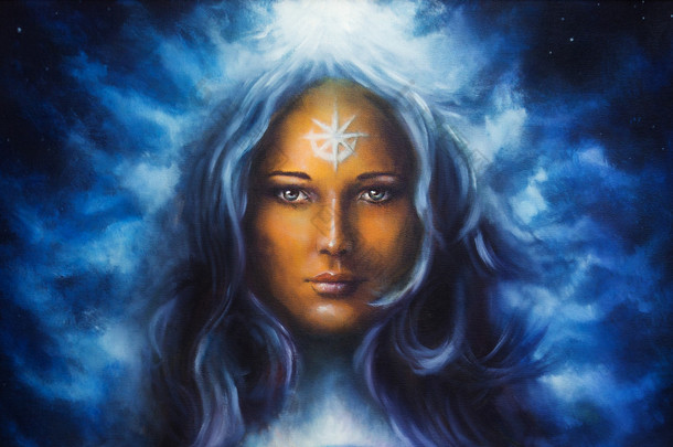 精神的绘画，有<strong>长长</strong>的蓝色头发 holdingn 目光接触的女人女神