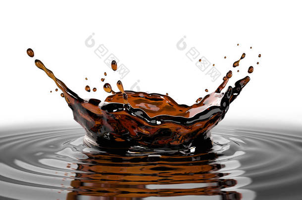 液体咖啡冠溅在咖啡<strong>池</strong>与波纹。关闭视图。在白色背景. 