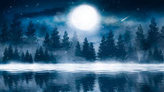 黑暗寒冷的风景与一条河。月光上反射出冬日的背景.戏剧化的场景，烟雾，烟雾，雾，雪。3D插图.