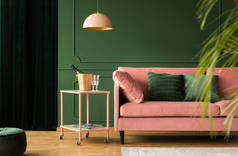 粉色和绿色客厅里时尚的天鹅绒沙发