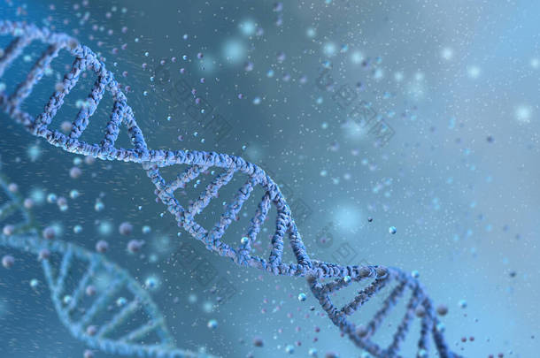 链，蓝色背景上的DNA代码，医学背景，创新概念，3D渲染