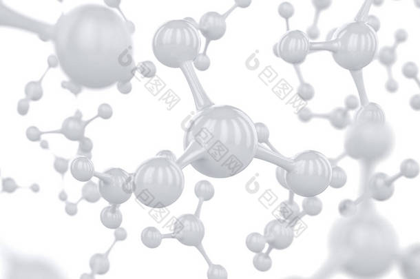 抽象白色分子设计。原子。科学或医学背景设计。抽象背景为化学横幅或传单。3d 渲染插图.