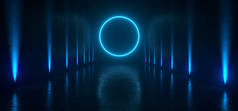 空黑暗未来科幻大厅室与灯和圆圈形状的霓虹灯在 Refelction 表面3d 渲染插图