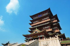 滕王阁亭、 南昌，t 传统，中国的古代建筑，木头做的.