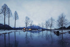 富士山，冬季有干枯的树木和积雪在Fumotoppara营地，靠近山崎富士川口。五个湖，日本。自然景观背景