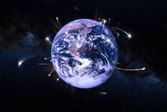 宇宙飞船离开地球, 科幻。由 Nasa 提供的这幅图像的元素.