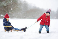 两个小女孩在美丽的冬季公园里一起玩