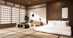 卧房日本风格。 3D渲染