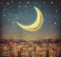 可爱的房子和月亮在夜空中的插图