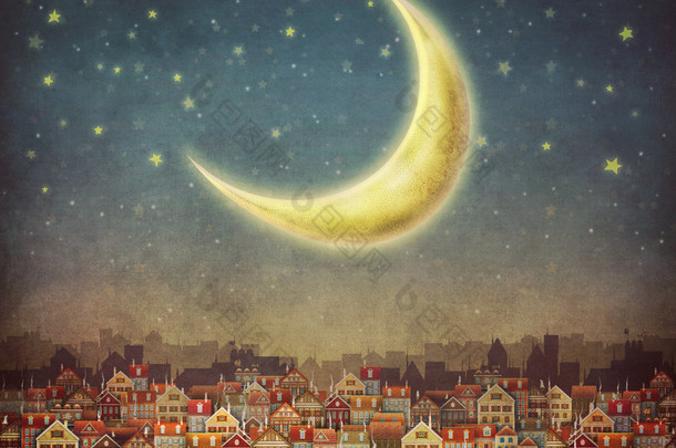 可爱的房子和月亮在夜空中的插图