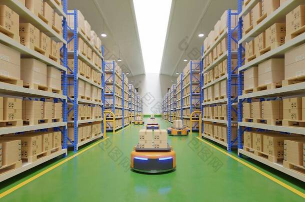 物流中心自动化导引车库房内部是一个送货车, 3D渲染