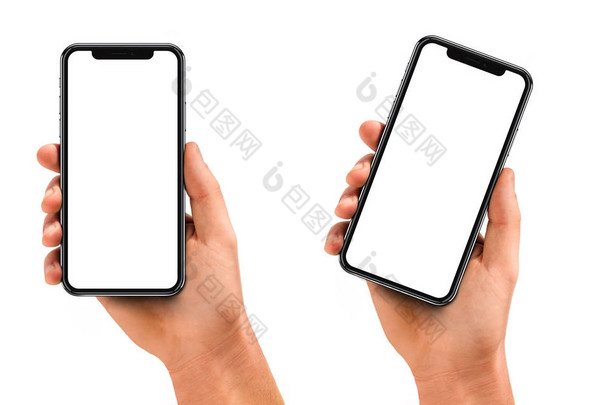 <strong>手持</strong>黑色智能手机与空白屏幕和现代框架少设计-在白色背景隔离