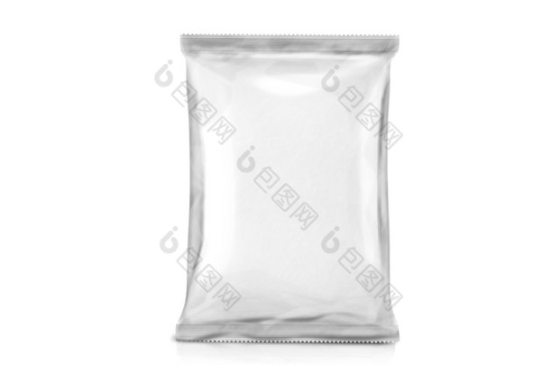 单一白色空白袋包装。铝箔包装。金属包。准备好您的设计。孤立在白色的背景