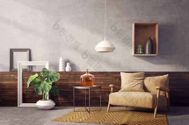 <strong>现代客厅</strong>与扶手椅和灯。斯堪的纳维亚室内设计家具。3d 渲染插图