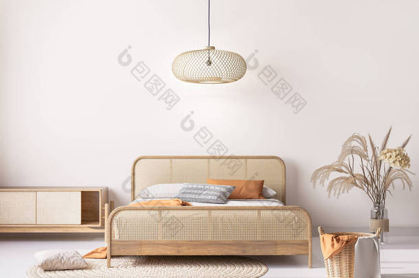 米色室内装饰木制卧房，有天然木制家具，斯堪的纳维亚波霍风格