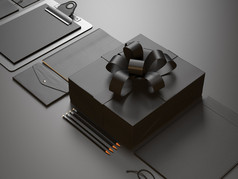 Closeup of modern business elements on the black background. 3d render