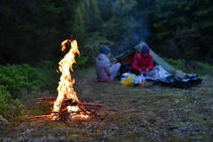 晚上森林帐篷营篝火