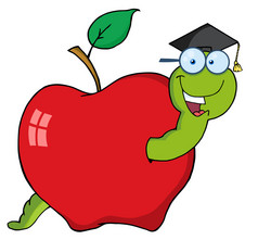 快乐的学生在一个苹果的蠕虫