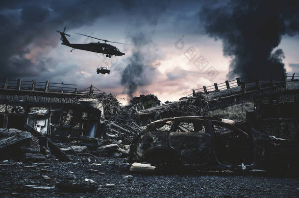 军用直升机和<strong>部队</strong>在被摧毁的城市寻找敌人的领导者.
